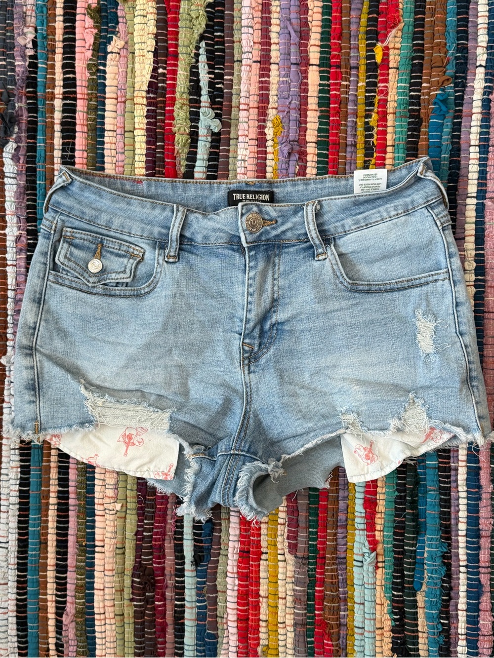 True Religion Women's Light Wash Distressed Denim Shorts - Light Blue